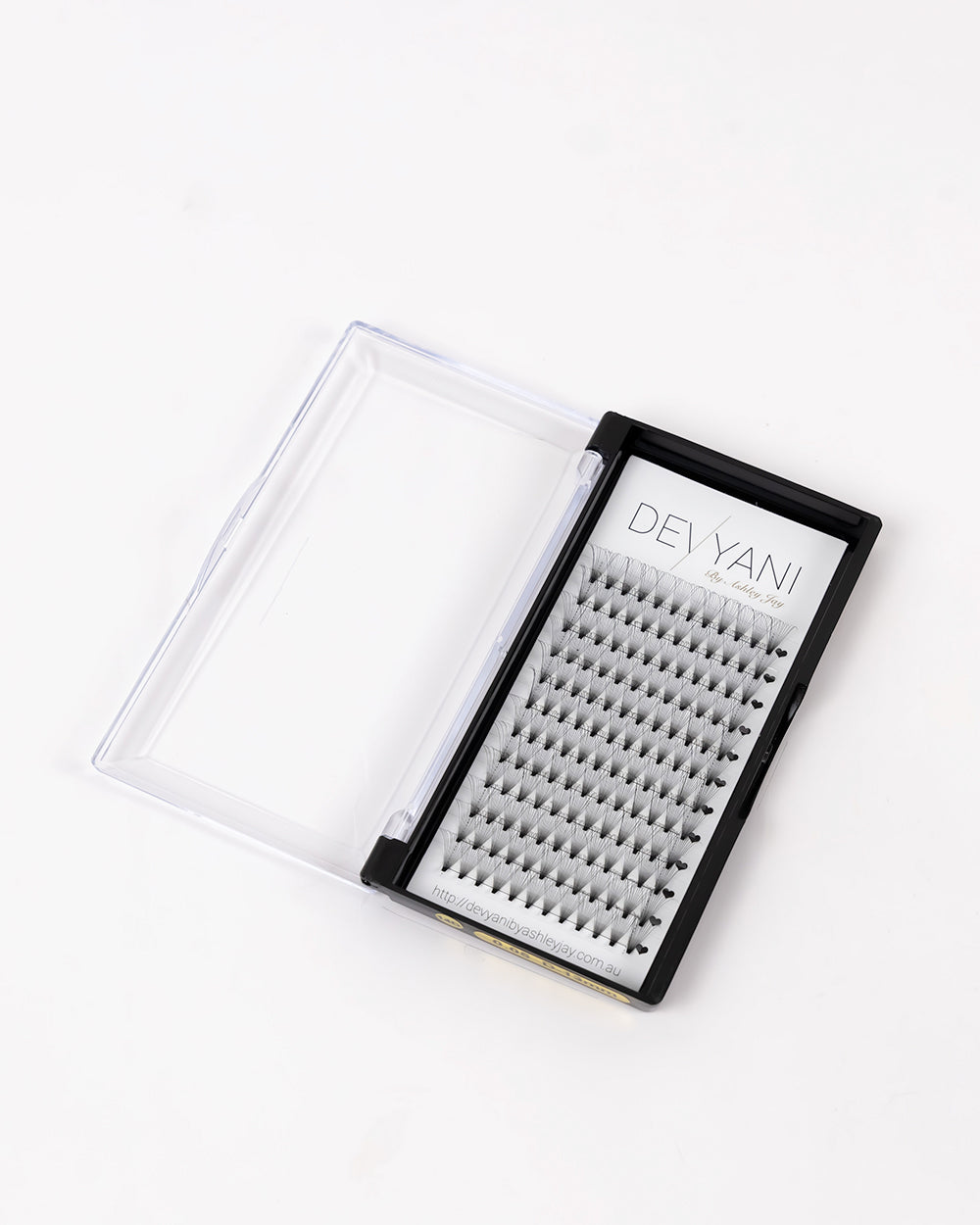 Eyelash extension tray with 'DEVYANI' branding on a white background