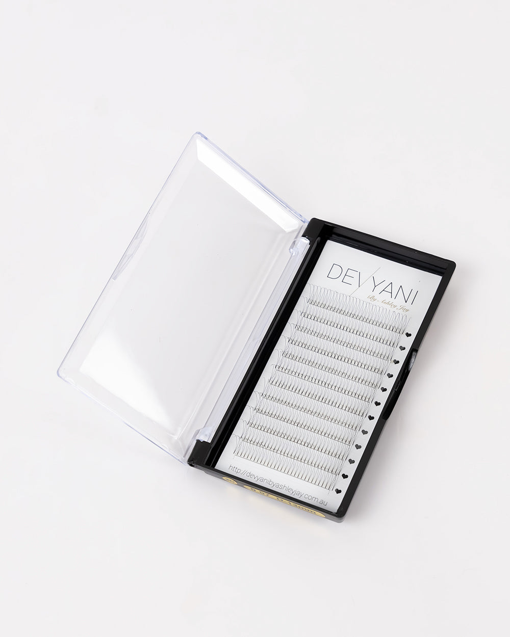 Eyelash extension tray with 'DEVYANI' branding on a white background