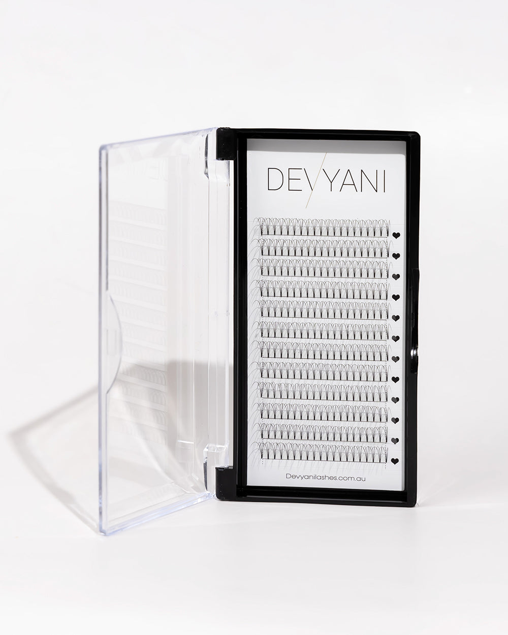 Eyelash extension tray with 'DEVYANI' branding on a white background