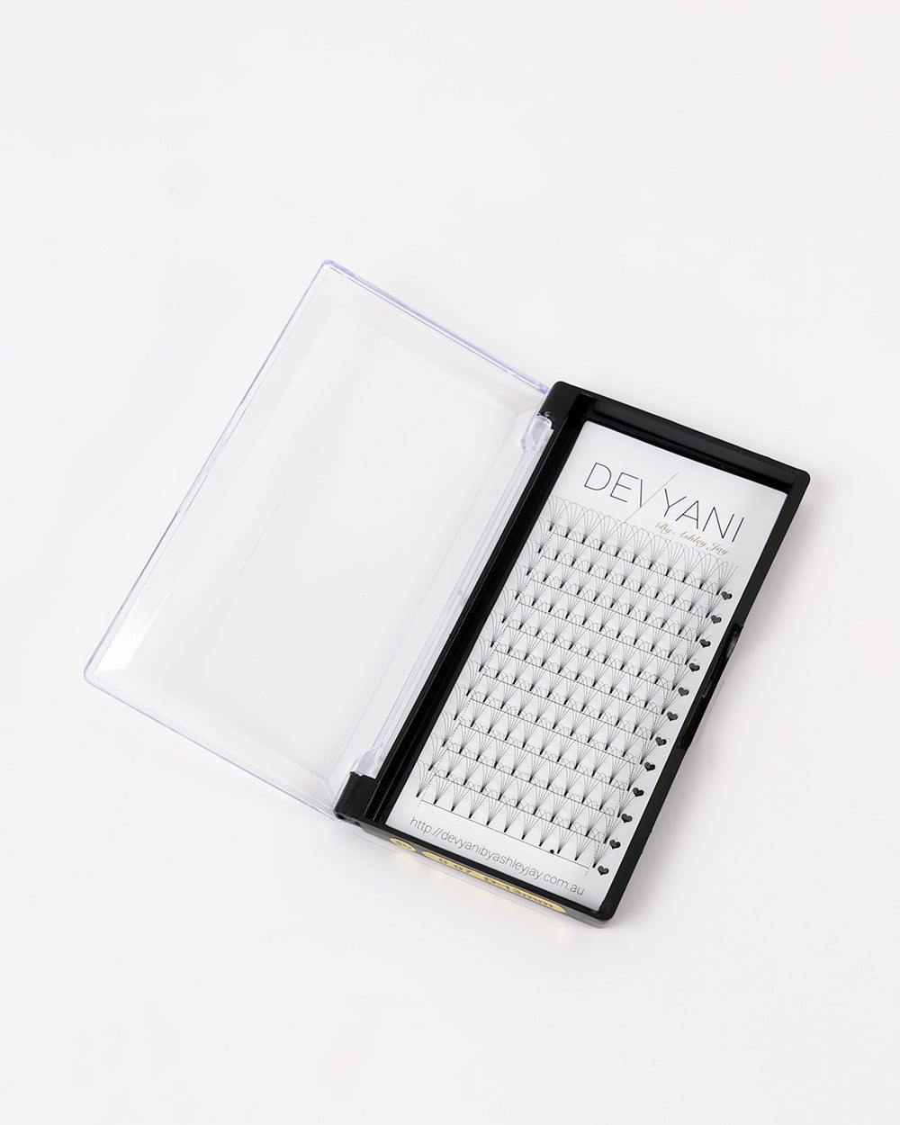 Eyelash extension tray with clear case on a white background, featuring the brand 'DEVYANI'.