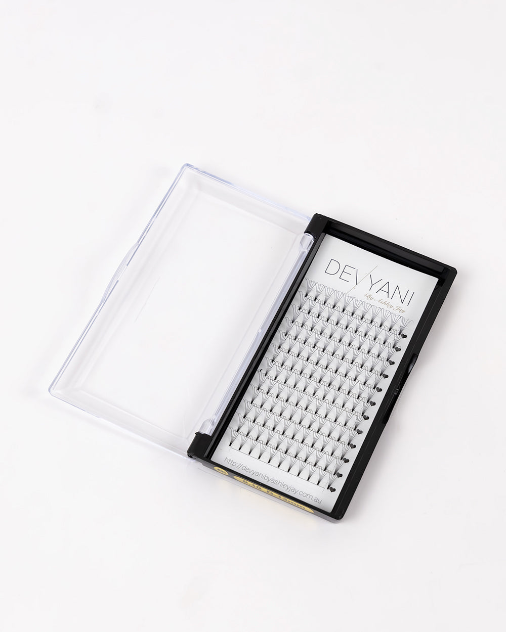 Eyelash extension tray with 'DEVYANI' branding on a white background