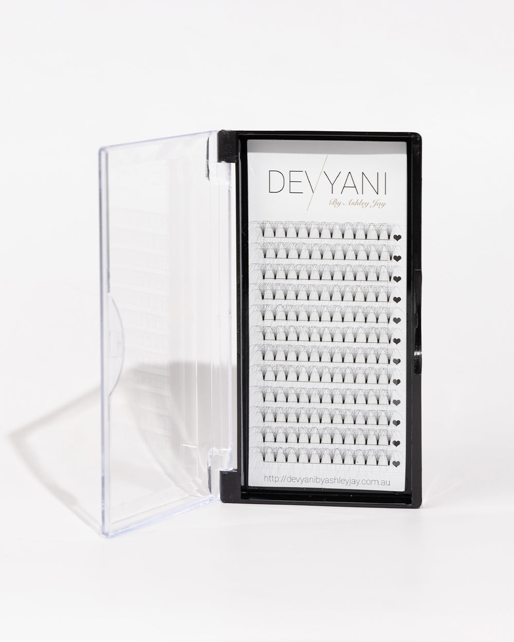 Eyelash extension tray with 'DEVYANI' branding on a white background