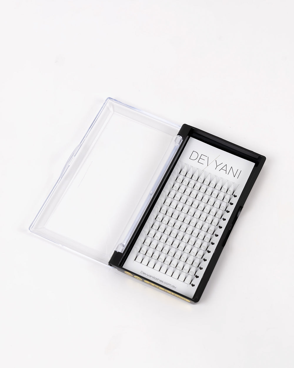 Eyelash extension tray with 'DEVYANI' branding on a white background