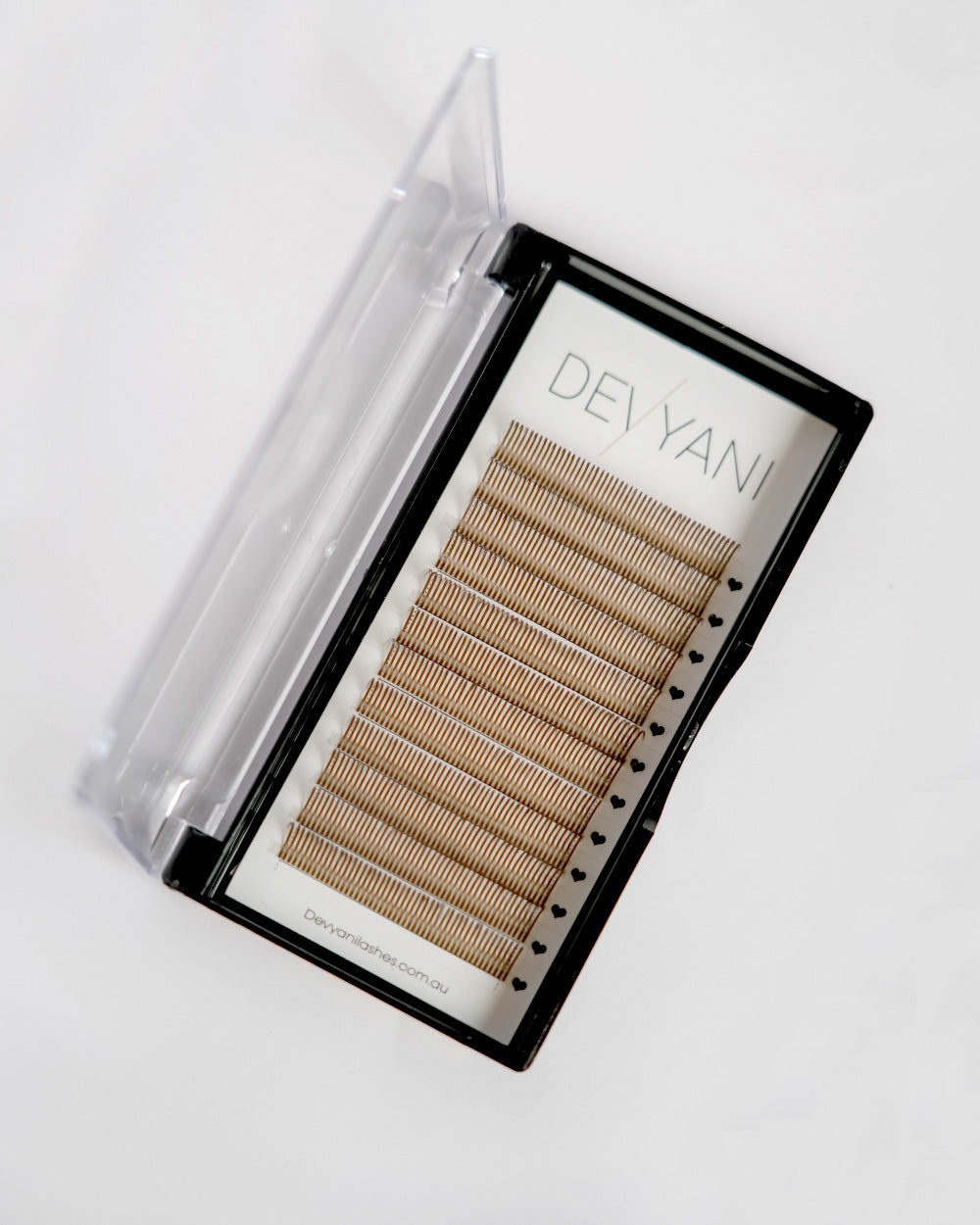 Eyelash extension tray with 'DEVYANI' branding on a white background