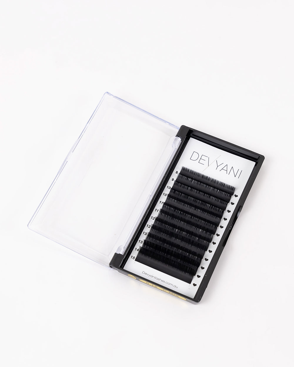 Eyelash extension tray with 'DEVYANI' branding on a white background
