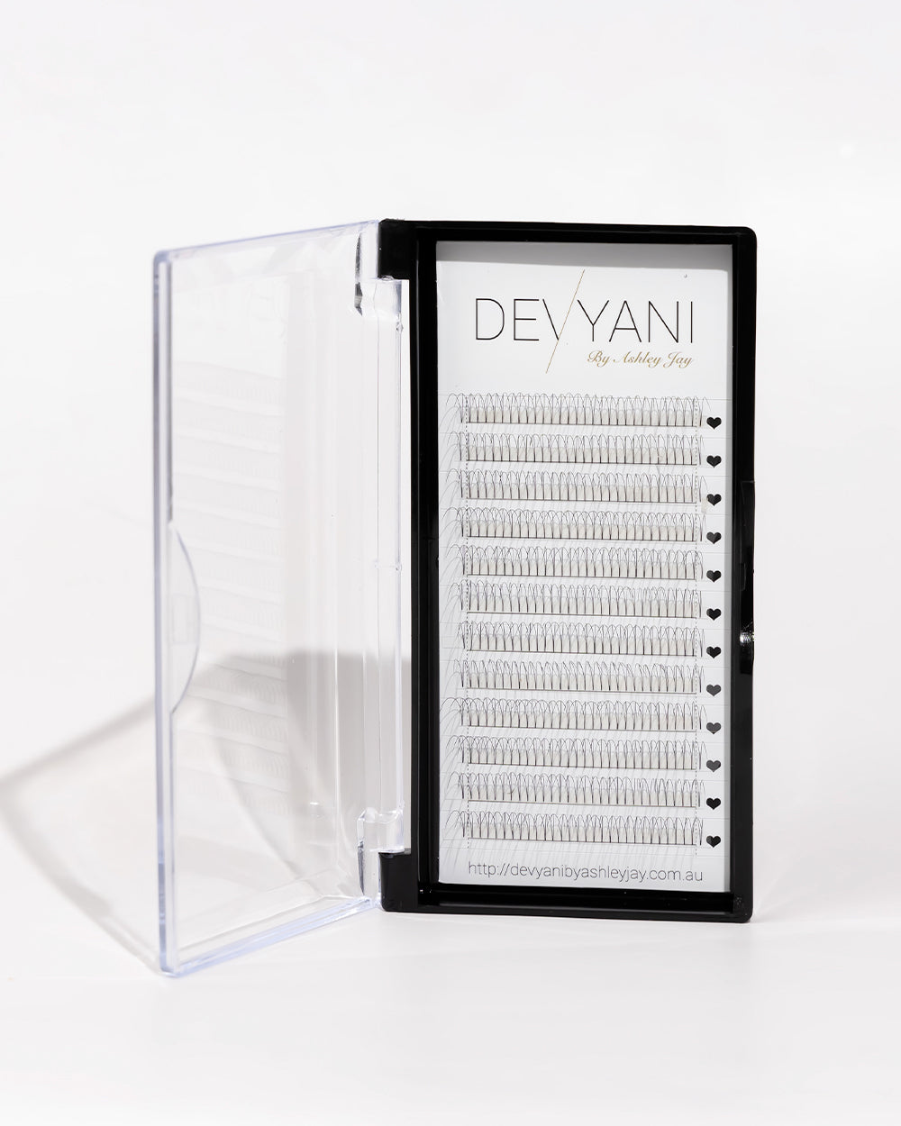 Devyani false eyelash packaging with clear case on a white background