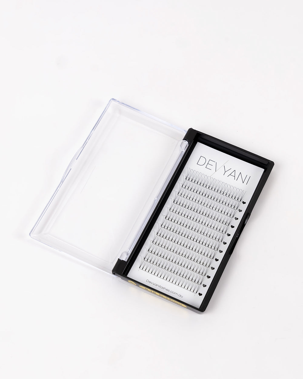 Eyelash extension tray with 'DEVYANI' branding on a white background