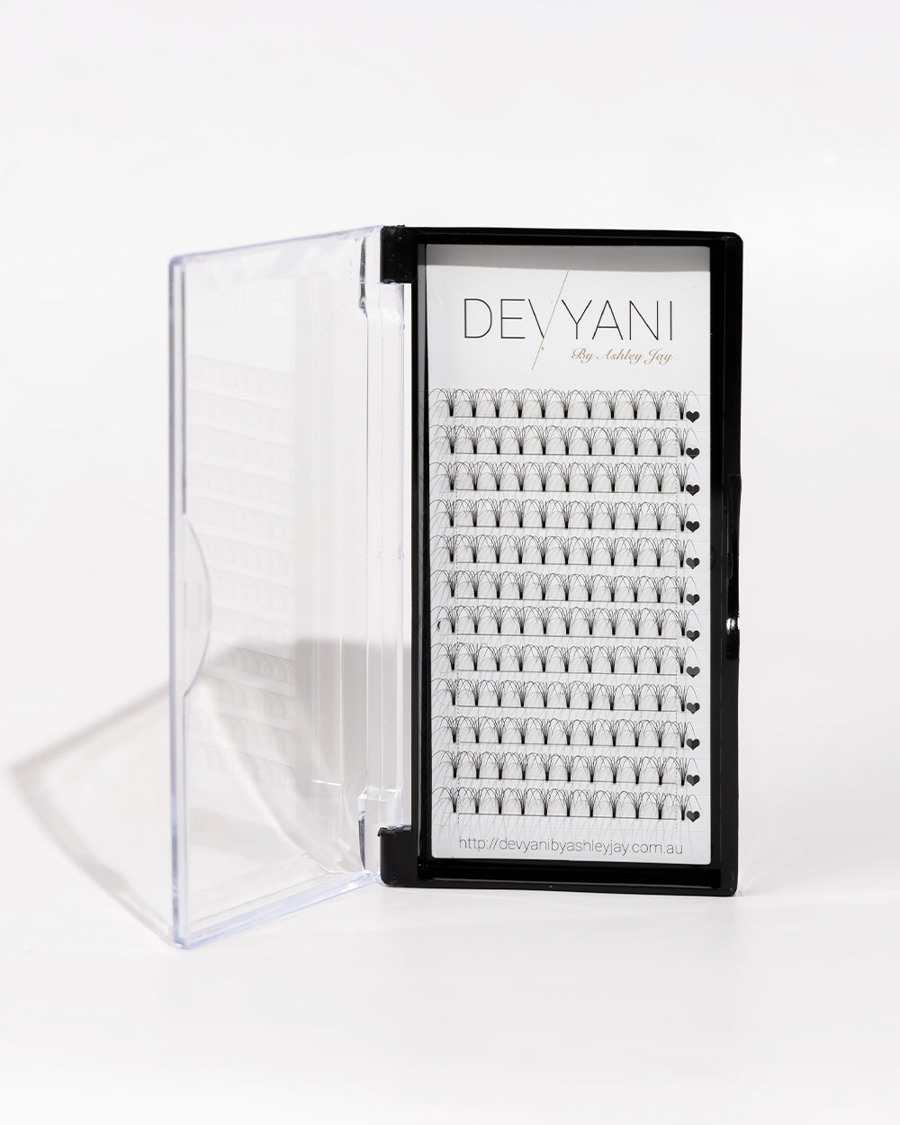 Eyelash extension tray with 'DEVYANI' branding on a white background