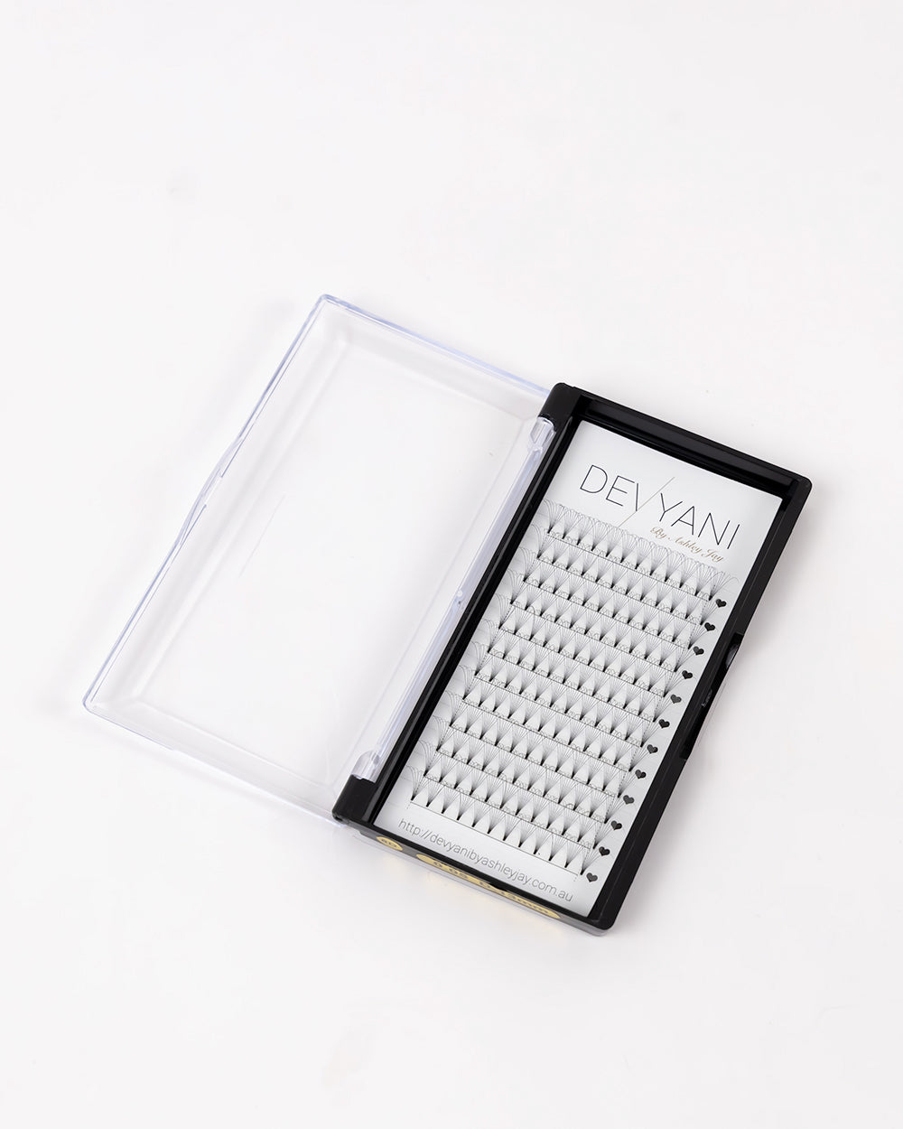 Eyelash extension tray with 'DEVYANI' branding on a white background