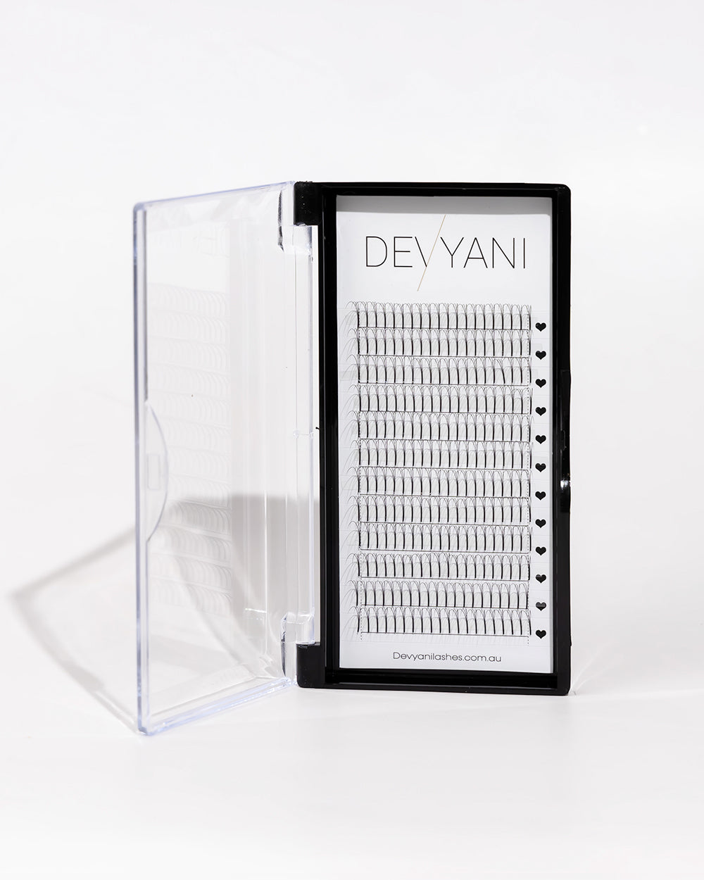 Eyelash extension tray with 'DEVYANI' branding on a white background