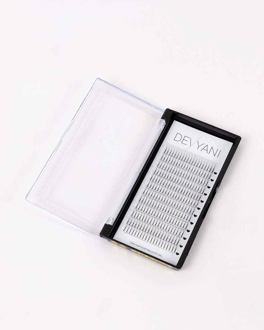 Eyelash extension tray with 'DEVYANI' branding on a white background
